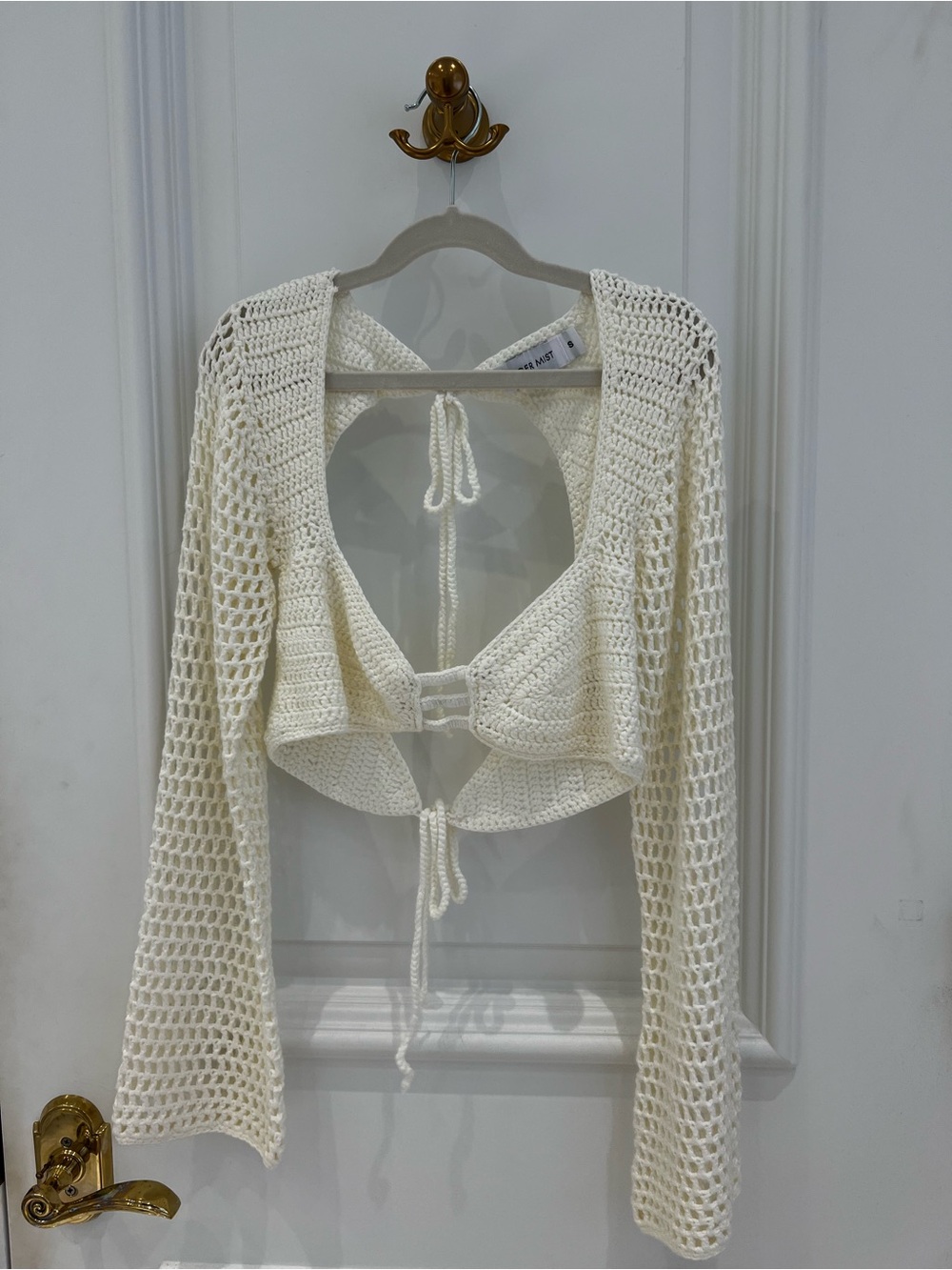 Tiger Mist Open-Knit Ivory Cropped Tie-Front Cardigan